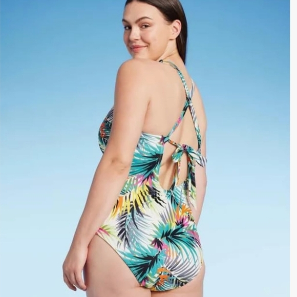 SHADE & SHORE TROPICAL PRINT PLUNGE RING DETAIL ONE PIECE SWIMSUIT - XL - NWT - Picture 4 of 10